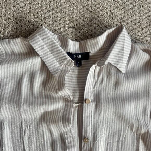 Naïf Dress Size L Lightweight Natural Beige Long Tunic Sleeve Belted Button Up - Picture 2 of 9